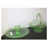 GREEN DEPRESSION CANDY DISH & HANDLED BASKET