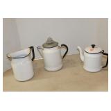 3 WHITE ENAMEL PITCHERS AND TEAPOT