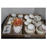 2 BOXES OF CHINA CUPS/ SAUCERS & DECORATIVE GLASS