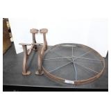 2 CAST IRON LEG BRACKETS, STEEL WHEEL