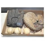 2 OLDER BASEBALL GLOVES AND 3 HARD BALLS