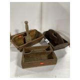 3 PRIMITIVE WOODEN CARRIERS AND MASHER