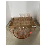13 PIECES OF PINK DEPRESSION GLASSWARE