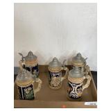 5 BEER STEINS W/ LIDS