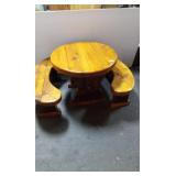 HEAVY PINE TABLE W/ 2 CURVED SEATS