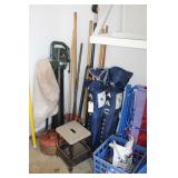 11 STICK TOOLS, FOLDING CHAIRS, STOOL AND TARP