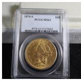 1876S LIBERTY HEAD GOLD $20 PIECE - PCGS MS61
