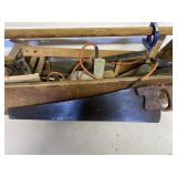 ANIQUE WOODEN HANDLE TOOL BOX & CONTENTS