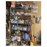 5 TIER METAL RACK W/ FLIUDS,OIL,PAINTS & PARTS