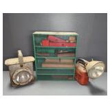 METAL CABINET W/CONTENTS, VINTAGE FLASHLIGHTS