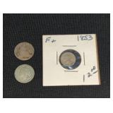 (2) 3-CENT PIECES & 1853 SILVER DIME