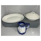 IRONSTONE PITCHER, PLATTER & COVERED DISH