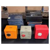 3 METAL COIN BANKS, EMPTY COIN BOOKS