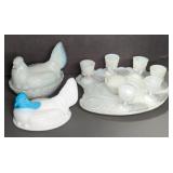 MILK GLASS HEN ON NEST BREAKFAST SET