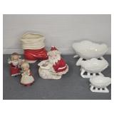 MILK GLASS SLEIGHS AND CERAMIC SANTAS