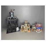 2 CERAMIC, 1 METAL ILLUMINATED HALLOWEEN HOUSE