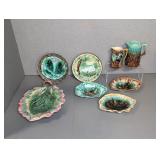 MAJOLICA POTTERY DISHES AND PITCHERS