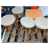 Wood Table and Four Upholstered Stools Set