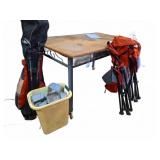 Golf clubs, folding chairs, mats, accessories