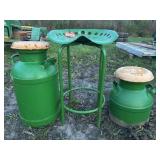 Two Metal Milk Cans and Tractor Seat Stool