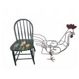 Painted Wooden Chair and Metal Chicken Sculpture
