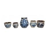 Five-Piece Stoneware Pottery Set, Signed 1991