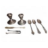 Sterling Candlesticks, Spoons, knife, tongs