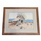 Framed Watercolor Barn Landscape 19.5" x 15.5"