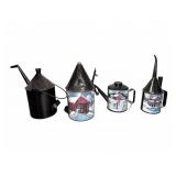 Four Metal Oil Cans, Hand-Painted Decor