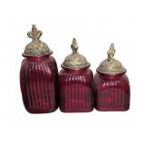 Three Red Glass Canisters with Metal Lids