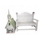 Wood Bench 25x12x20 with Church Birdhouse