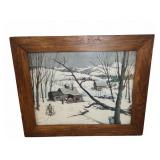 Winter Farm Scene Signed Print in Wooden Frame