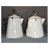 (2) White Enamel Coffee Pots, 16"