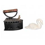Cast Iron Box Iron and Cast Swan Figure