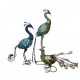 3 Metal Peacock Bird Sculptures, Tallest is 33.5"