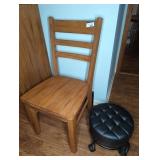Wooden Ladder Back Chair and Padded Rolling Stool