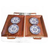2 Wooden Trays with 4 Blue Pattern Plates