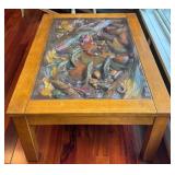 Wood Coffee Table, Carved River Scene Under Glass