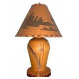 Wood Table Lamp with Feather and Moose Motif Shade