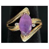 14K Gold Ring with Marquise Amethyst and Diamonds