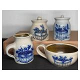 Handmade blue stoneware pottery set, 4 pieces