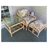 Rattan Armchair, Ottoman, and Glass-Top Side Table