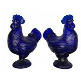 (2) Cobalt Blue Glass Rooster Covered Dishes