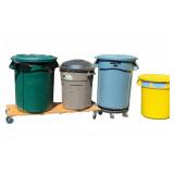 Four Plastic Trash Cans with Wheeled Bases