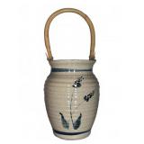 Stoneware Vase w/ Floral Design & Bamboo Handle