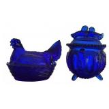 Cobalt Blue Glass Hen On Nest & Birds Dishes