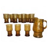 Amber Glass Pitcher and 10 Matching Tumblers Set