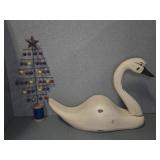 Wooden Swan Decoy and Metal Christmas Tree Decor