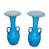 Pair Blue Glass Vases with Ruffled Edge