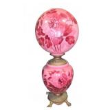 Pink Glass Hurricane Table Lamp With Floral Design
